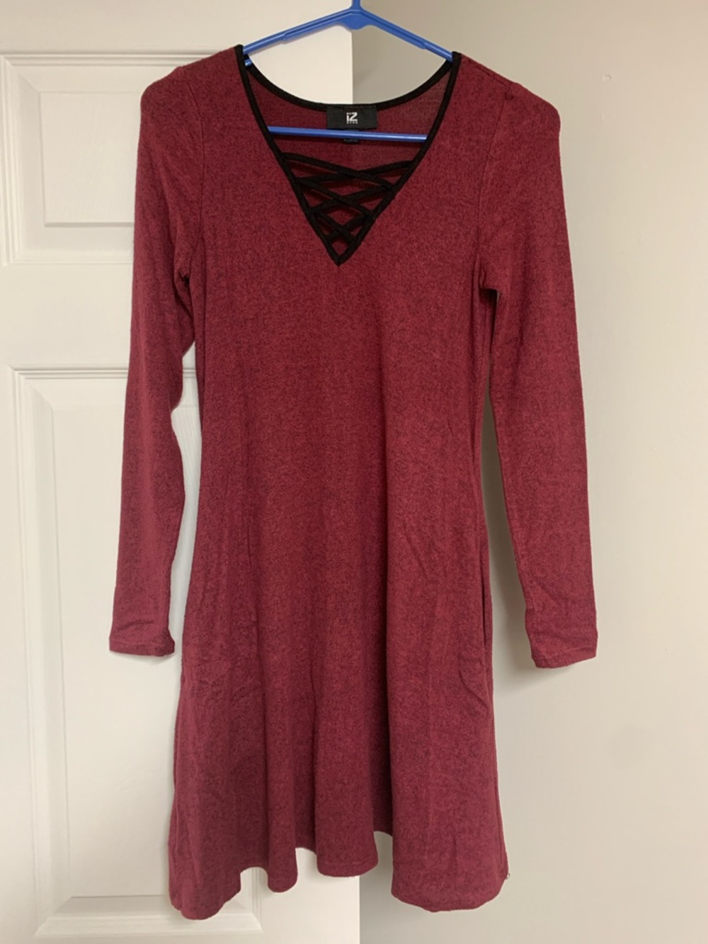 Iz Byer V-Neck Skater Dress With Pockets - Burgundy and Black